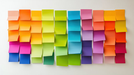 A vibrant arrangement of colorful sticky notes on a white surface, perfect for brainstorming, organizing thoughts, and enhancing creativity in any workspace or project.の素材