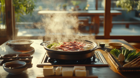 A delicious steaming Japanese shabu shabu hotpot set on a wooden table, featuring fresh ingredients ready for a communal dining experience.の素材