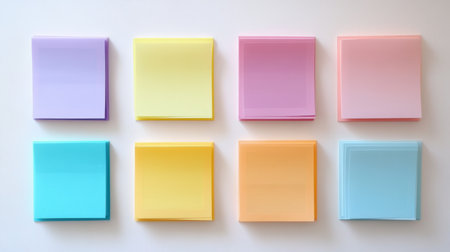 A vibrant arrangement of pastel sticky notes on a clean white background, perfect for organization and creative projects, adding a cheerful touch to any workspace.の素材