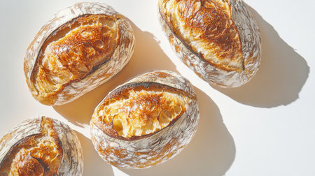 This image showcases freshly baked artisan bread loaves with beautifully textured crusts, perfect for culinary inspiration and delicious meals at any time of day.の素材