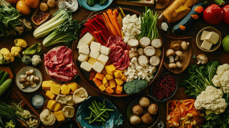 A vibrant spread of Japanese hotpot ingredients showcasing fresh vegetables, meats, and mushrooms arranged artfully for a delightful culinary experience.の素材