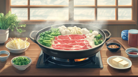 A steaming Japanese shabu shabu hotpot set, featuring thinly sliced beef and fresh vegetables. Ideal for communal dining, this cozy dish is perfect for sharing and enjoying delicious flavors.の素材