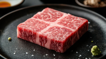 This vibrant close-up showcases a delicious wagyu sushi piece, highlighting its exquisite marbling and texture. Perfect for food enthusiasts and culinary presentations.の素材