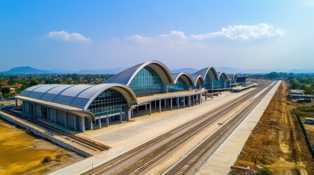 A stunning aerial shot of the newly built Lao-China railway station, showcasing modern architectural design and expansive railway lines against a clear blue sky.の素材