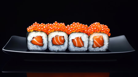 This image features elegant sushi rolls topped with vibrant salmon roe, beautifully arranged on a sleek dark plate, showcasing culinary artistry and fresh ingredients.の素材