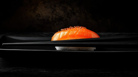 A striking presentation of salmon roe sushi set on a sleek black plate, accompanied by elegant chopsticks, highlighting the artistry of Japanese cuisine.の素材