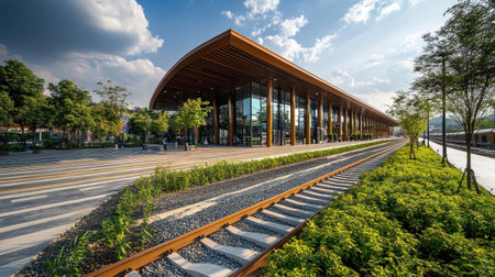 A stunning exterior view of the modern Laos China train station, showcasing its architectural design, surrounding greenery, and vibrant atmosphere, ideal for travel enthusiasts.の素材