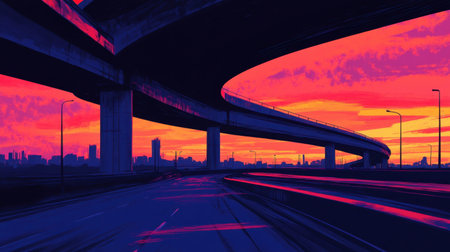 A stunning silhouette of an overpass at sunset, featuring vibrant colors and a dramatic urban landscape. Ideal for showcasing modern architecture and travel themes.の素材