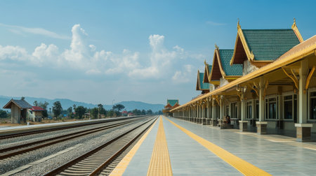 Discover the serene railway station platform in Vientiane, Laos, showcasing modern architecture and scenic views against a bright sky, perfect for travelers.の素材