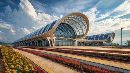 Explore the stunning modern architecture of the train station in Vientiane, Laos, surrounded by vibrant flowers and dramatic clouds. A perfect travel destination!の素材