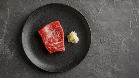 A minimalist presentation featuring a single piece of wagyu sushi served with a small portion of wasabi, perfect for gourmet dining experiences.の素材