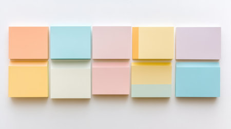 A vibrant arrangement of colorful sticky notes on a clean white surface, perfect for office organization, reminders, and creative planning.の素材