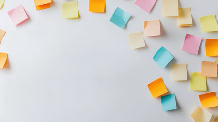 A vibrant arrangement of multicolored sticky notes on a clean white surface, ideal for creative planning, reminding, or organizing thoughts in any space.の素材