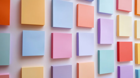 A vibrant display of colorful sticky notes arranged on a wall, perfect for enhancing creativity and organization in any workspace or planning area.の素材