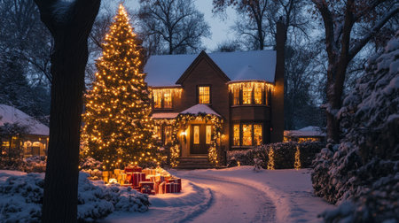 A beautifully decorated house for a Nativity party with a glowing Christmas tree, wrapped presents, and festive lights, capturing the warmth of the holiday season.の素材