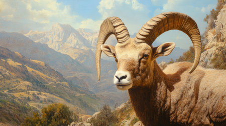 A close-up of a male Iberian impressive horns and rugged features, with the Sierra de Gredos peaks in the background.の素材