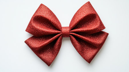 A close-up flat lay of a red holiday bow with gray undertones, isolated on a white background, perfect for packaging or festive concepts.の素材