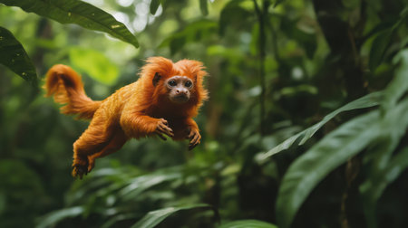 A beautiful golden lion tamarin leaping through the lush Brazilian rainforest, its vibrant orange fur standing out against the green foliage.の素材