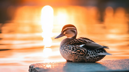 A close-up of a marbled duck resting near the edge at Fuente de Piedra lagoon, bathed in the warm hues of a Malaga sunset.の素材