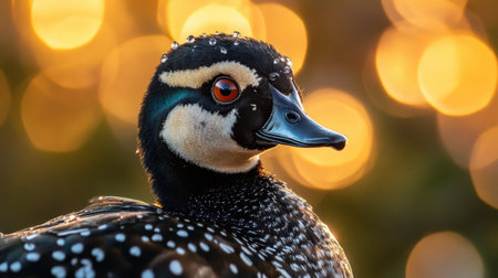 A close-up portrait of a marbled duck at Fuente de Piedra lagoon, the sunsets warm light highlighting its unique markings.の素材