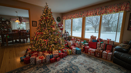 A beautifully decorated Christmas tree surrounded by neatly wrapped gift boxes with colorful ribbons and bows, sitting on a cozy living room carpet.の素材