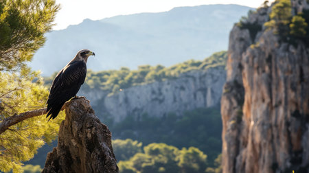 A black kite perched on a tree near Monfrag Salto del Gitano cliffs, the dramatic scenery adding to its majesty.の素材