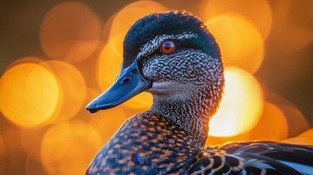 A close-up portrait of a marbled duck at Fuente de Piedra lagoon, the sunsets warm light highlighting its unique markings.の素材