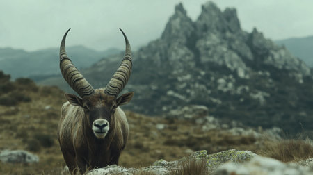 A close-up of a male Iberian impressive horns and rugged features, with the Sierra de Gredos peaks in the background.の素材