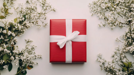A beautifully wrapped red gift box with a white ribbon, isolated on a plain white backdrop, perfect for use in holiday-themed designs.の素材