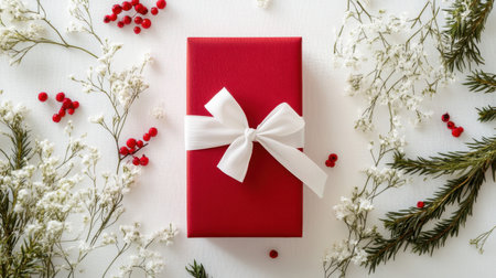 A beautifully wrapped red gift box with a white ribbon, isolated on a white background, offering a festive and clean look for holiday photos.の素材