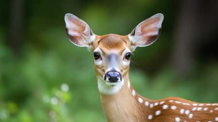 A beautiful and rare white-tailed deer, its elegant form captured in a serene, remote forest setting, where it blends with the quiet beauty of nature.の素材