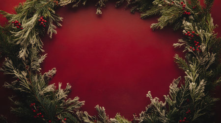 A beautiful circular frame of fir branches and holiday decorations on a red backdrop, offering space for adding personalized Christmas greetings or festive offers.の素材