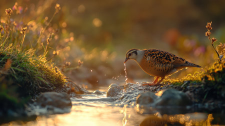 A beautiful shot of a red-legged partridge sipping water from a stream as the first rays of sunrise illuminate the landscape.の素材