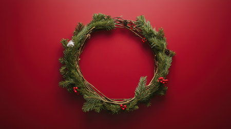 A beautiful top-down view of a round frame made from fir branches and festive decorations on a red background, leaving space to add your own Christmas message.の素材