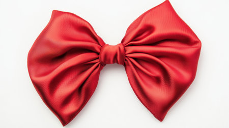 A beautiful red satin ribbon bow with a glossy finish, neatly tied and isolated on a bright white background, ideal for luxury gift wrapping shots.の素材