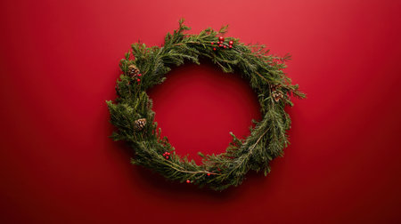 A beautiful top-down view of a round frame made from fir branches and festive decorations on a red background, leaving space to add your own Christmas message.の素材