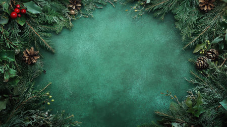 A beautiful green backdrop with fir branches and holiday decorations, creating the perfect setting for adding holiday messages, sales, or personal greetings.の素材