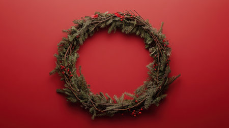 A beautiful top-down view of a round frame made from fir branches and festive decorations on a red background, leaving space to add your own Christmas message.の素材
