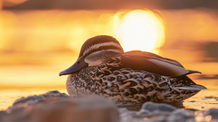 A close-up of a marbled duck resting near the edge at Fuente de Piedra lagoon, bathed in the warm hues of a Malaga sunset.の素材