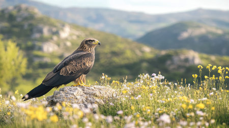 A black kite resting on a grassy hilltop in Monfrage, surrounded by blooming wildflowers and rolling terrain.の素材