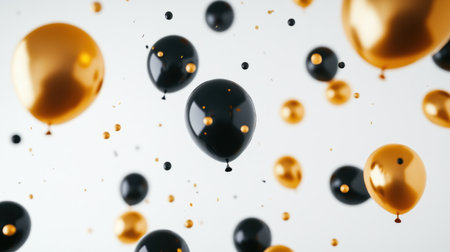 A cheerful celebration background with gold and black helium balloons flying against a white backdrop, perfect for a party or anniversary greeting.の素材