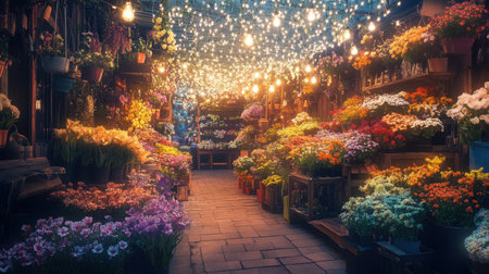 A charming flower market with vibrant blossoms and delicate fairy lights hanging overhead, creating an inviting and colorful backdrop.の素材