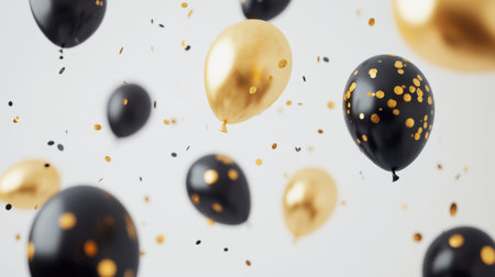 A cheerful celebration background with gold and black helium balloons flying against a white backdrop, perfect for a party or anniversary greeting.の素材