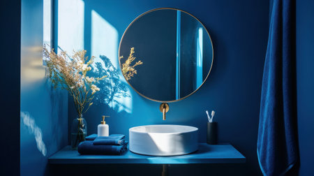 A chic bathroom featuring deep blue walls, brushed metal fixtures, and a large circular mirror reflecting natural light.の素材