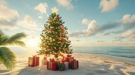 A Christmas tree glowing with festive decorations on a Miami beach, surrounded by holiday presents and the serene ocean horizon under a sunny sky.の素材