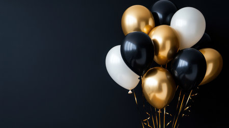 A chic collection of black, gold, and white balloons on a dark backdrop, perfect for Black Friday promotions or elegant event decor.の素材