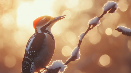 A close-up of a great spotted woodpecker's profile as it grips a branch, its beak glinting in the soft sunlight.の素材