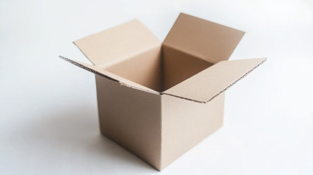 A close-up of a plain, sealed cardboard box on a white background, featuring clear visible textures, ideal for use in packing or logistics stock photos.の素材