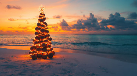 A creative Christmas setup on a Maldives beach, featuring a tree made of stacked coconuts, wrapped in lights, with a stunning ocean sunset behind.の素材