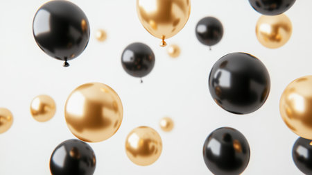 A collection of D gold and black balloons floating against a white backdrop, perfect for a birthday, anniversary, or festive greeting card design.の素材